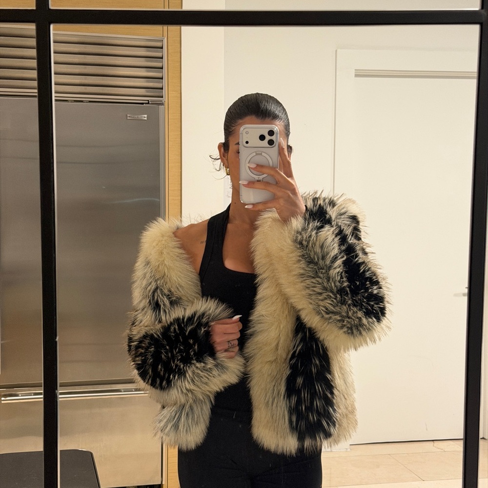 Zara Black and Cream Teddy Faux Fur Jacket